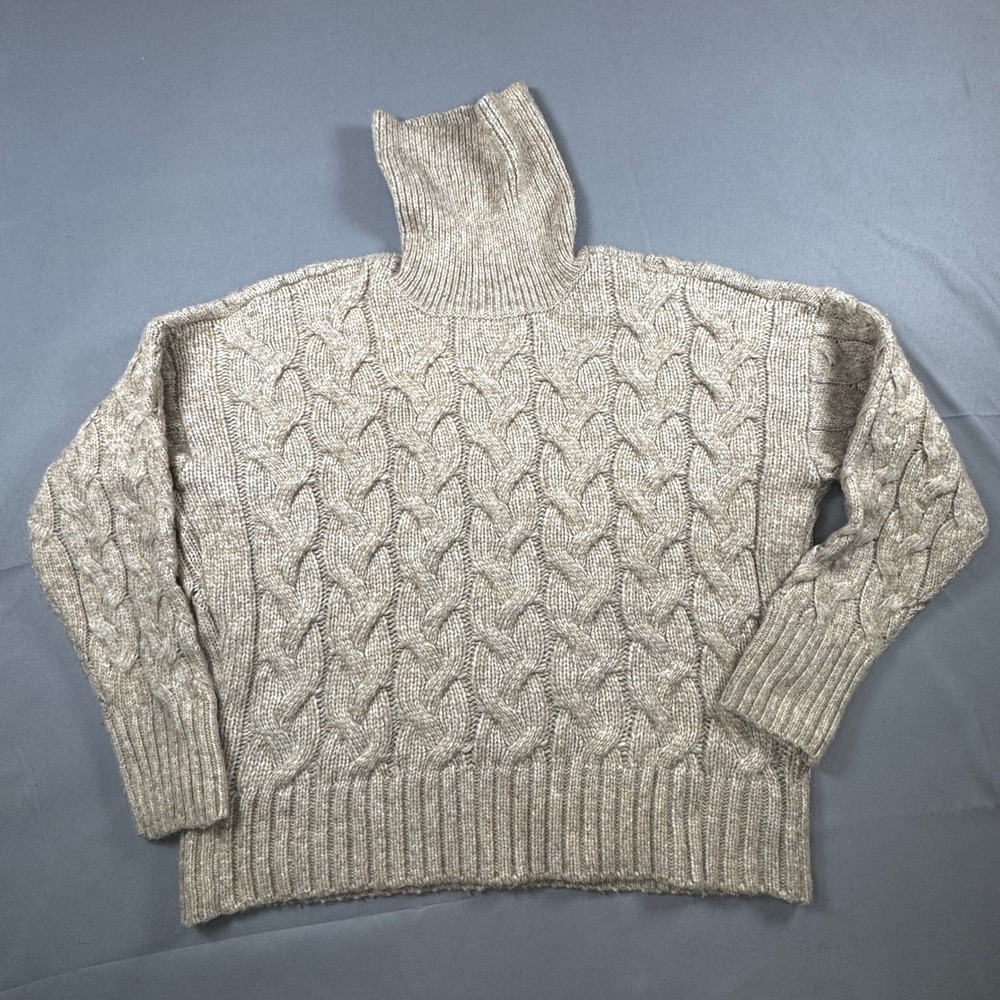 ana Oatmeal Tan Heather Fisherman Cable Knit Turtleneck Sweater XXL Cozy